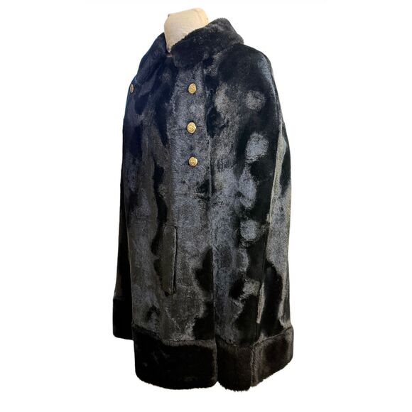 Faux Fur Vintage Cape Black Double Breasted Gold Buttons Union Label - Picture 3 of 7